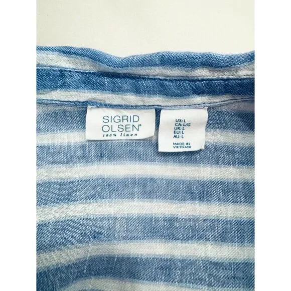 Sigrid Olsen 100% linen crop button up shirt blue stripe coastal beach women L - Picture 5 of 7